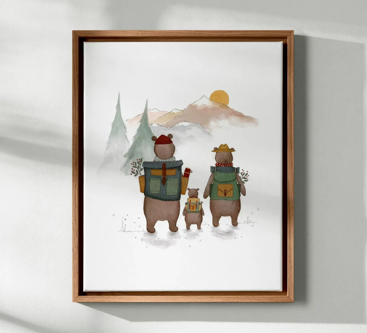Famiglia di orsi in montagna Illustrazione di escursioni per bambini tela con Cornice a cassetta da Urchin Bay Art