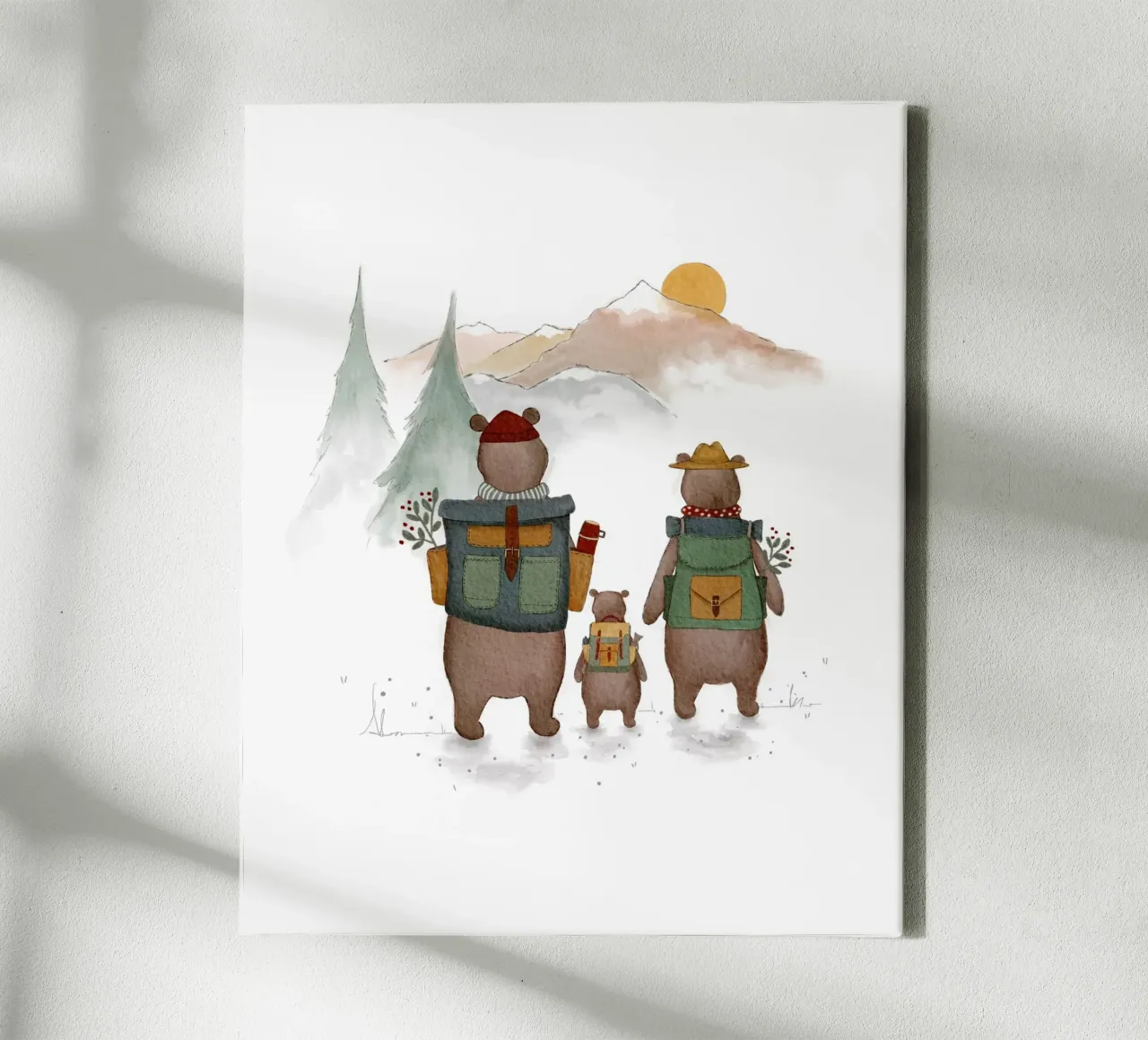 Famiglia di orsi in montagna Illustrazione di escursioni per bambini tela con Cornice a cassetta da Urchin Bay Art