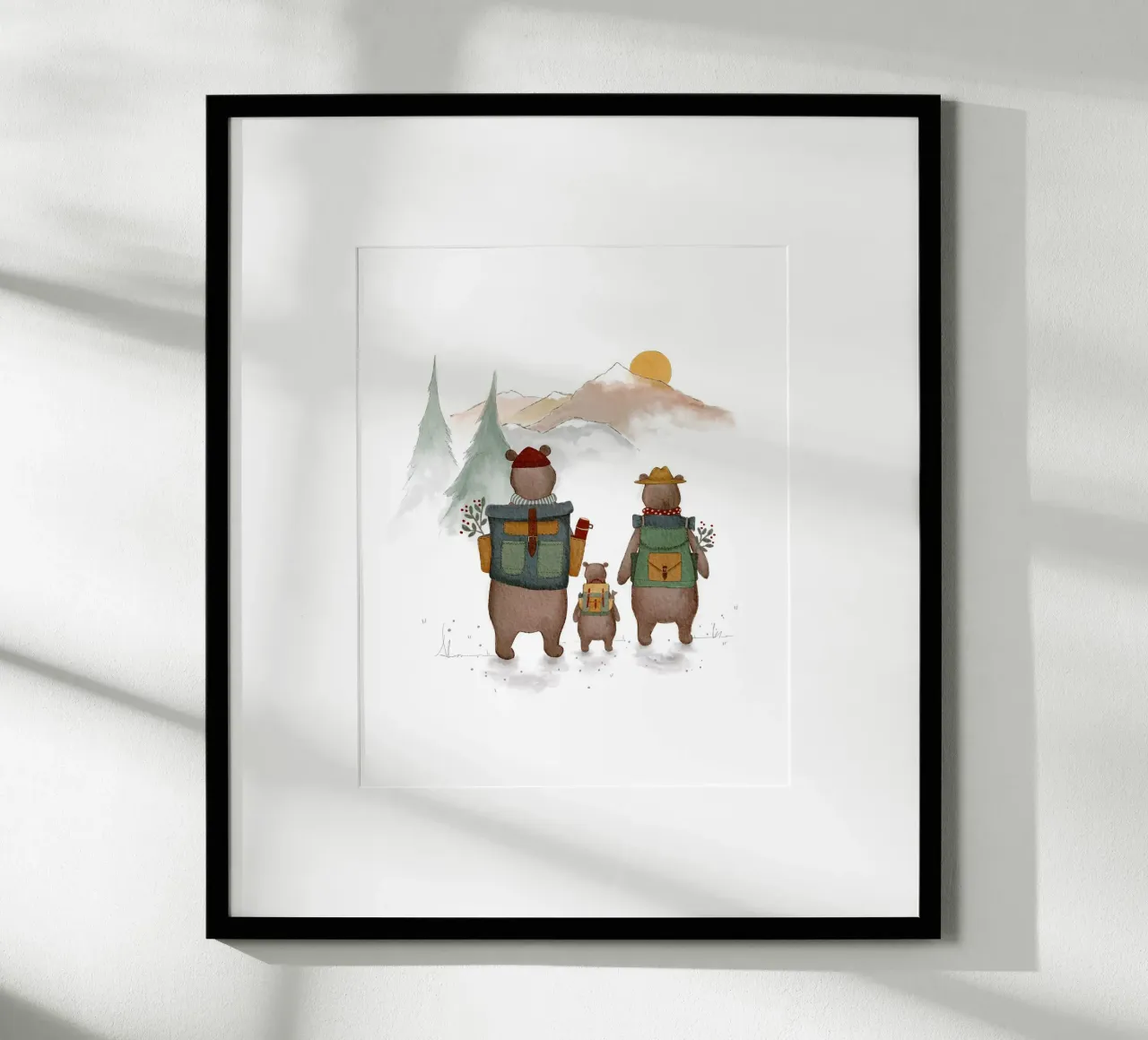 Famiglia di orsi in montagna Illustrazione di escursioni per bambini poster con telaio in plastica da Urchin Bay Art
