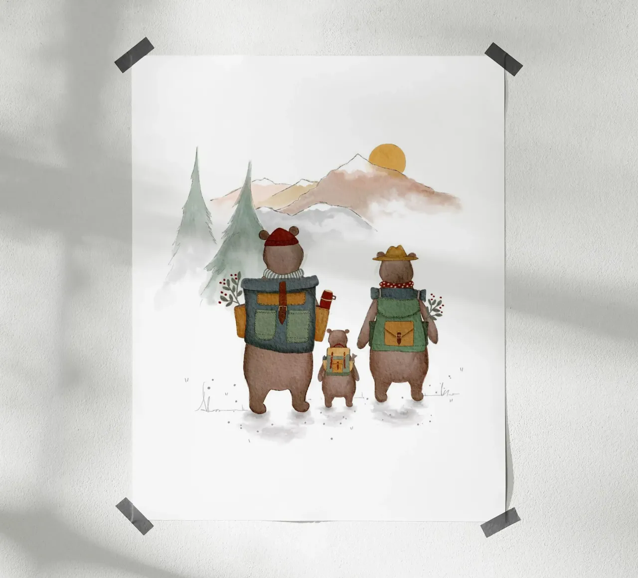 Famiglia di orsi in montagna Illustrazione di escursioni per bambini poster con telaio in plastica da Urchin Bay Art