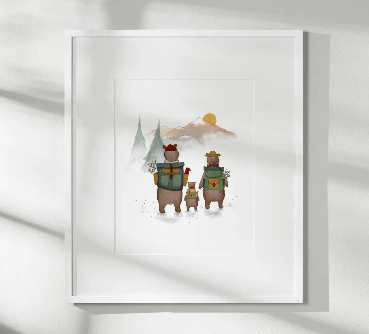 Famiglia di orsi in montagna Illustrazione di escursioni per bambini poster con telaio in plastica da Urchin Bay Art