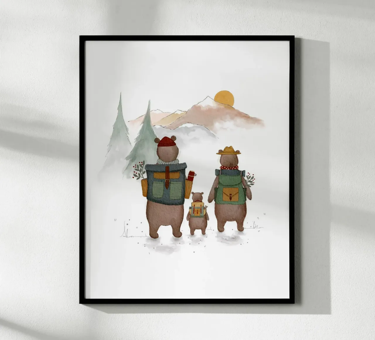 Famiglia di orsi in montagna Illustrazione di escursioni per bambini poster con telaio in plastica da Urchin Bay Art