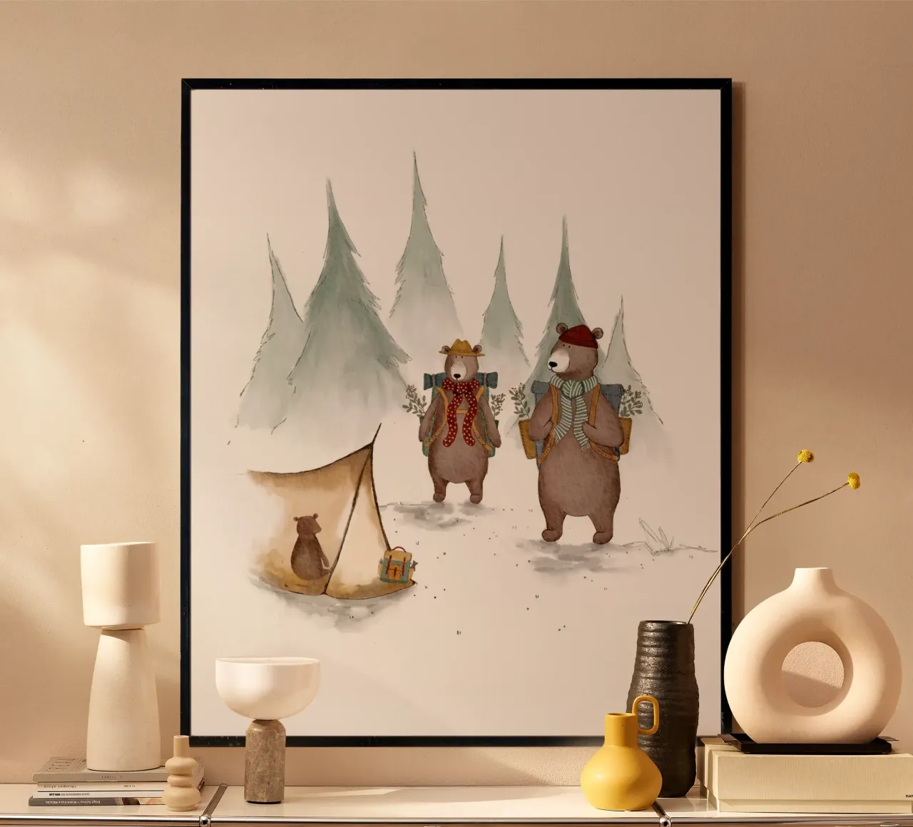 Illustrazione di famiglia di orsi in campeggio per bambini poster con telaio in legno da Urchin Bay Art