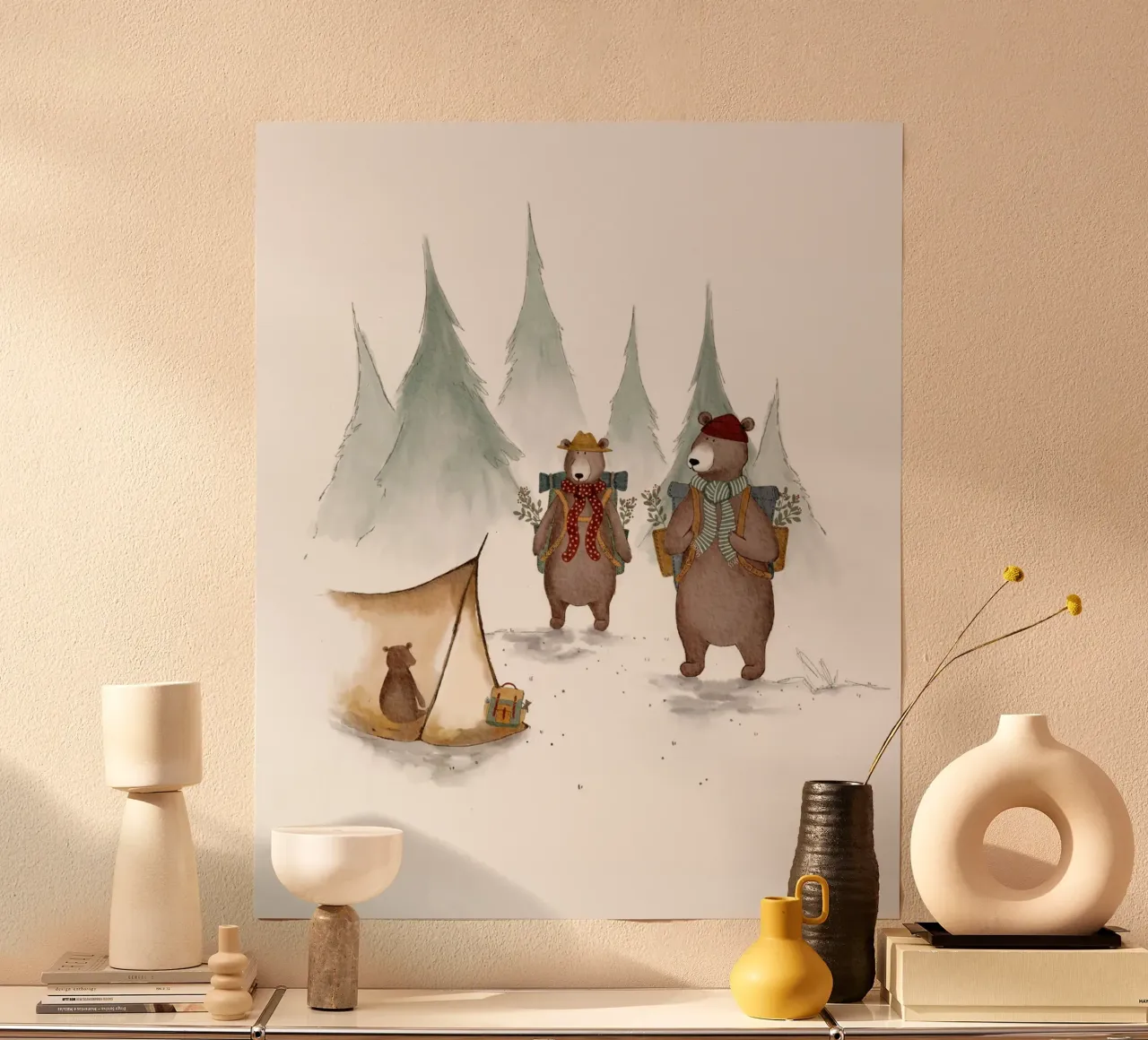 Illustrazione di famiglia di orsi in campeggio per bambini poster con telaio in legno da Urchin Bay Art