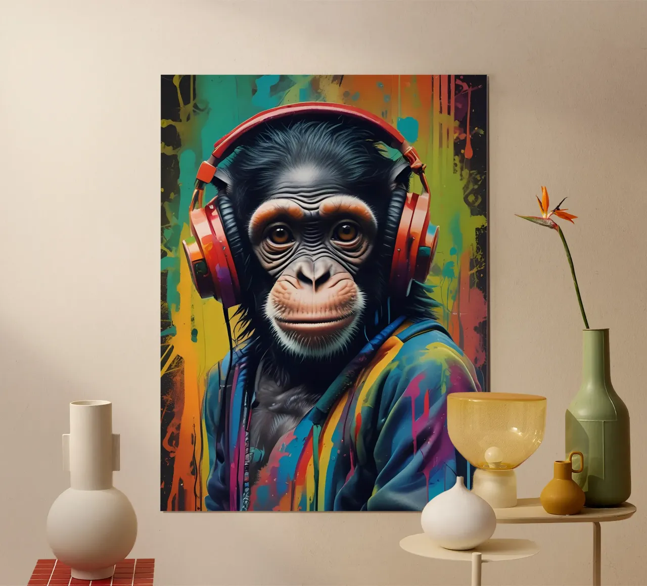 Scimmia con cuffie rosse poster con telaio in legno da MakArena