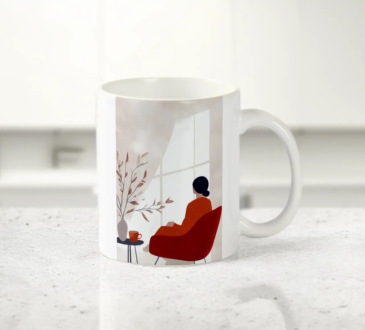 Red dress Woman life minimal art ceramic mug by Justyna Jaszke JBJart