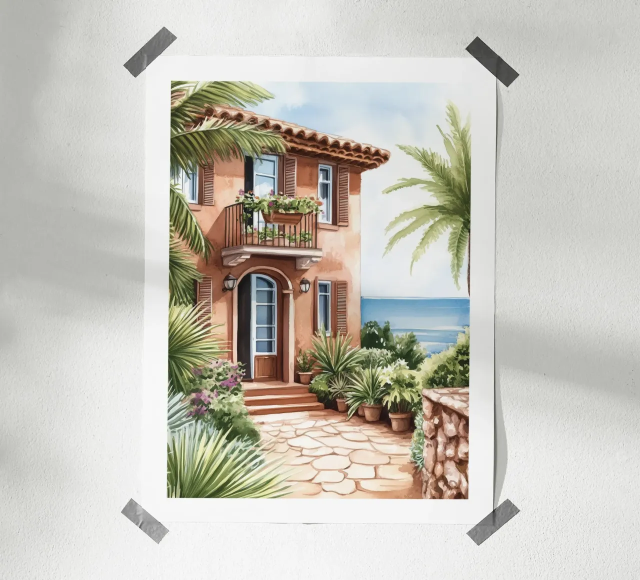 Casa mediterranea poster con telaio in legno da Shores & Skies
