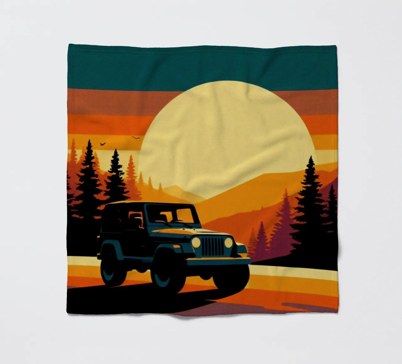 Sunset Jeep 4x4 – Vintage Posterdruck fleece blanket by posterprints-by-nomad