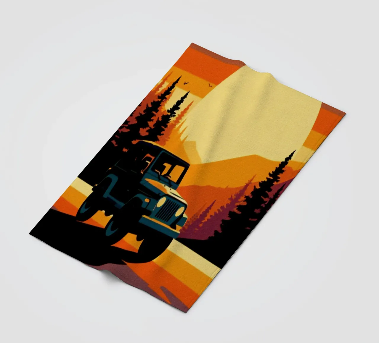 Sunset Jeep 4x4 – Vintage Posterdruck fleece blanket by posterprints-by-nomad