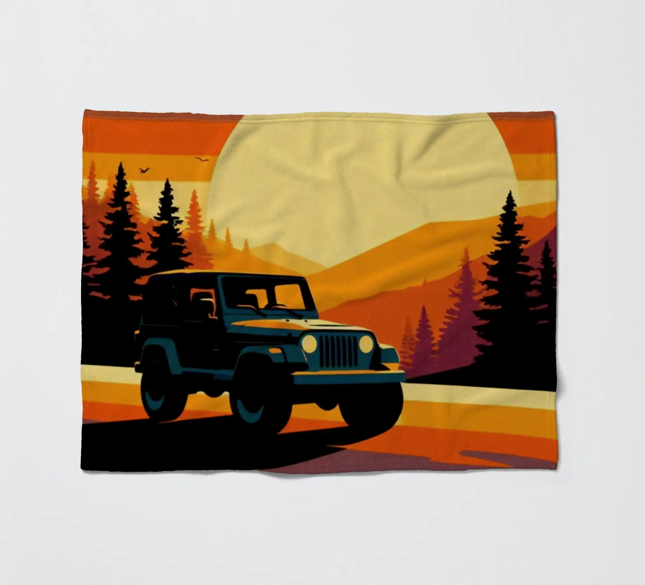 Sunset Jeep 4x4 – Vintage Posterdruck fleece blanket by posterprints-by-nomad