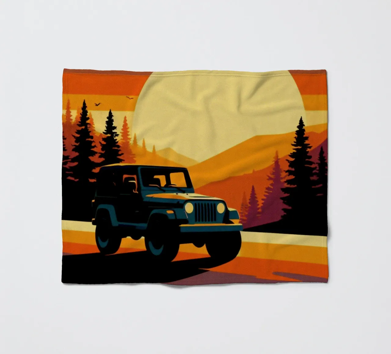 Sunset Jeep 4x4 – Vintage Posterdruck fleece blanket by posterprints-by-nomad