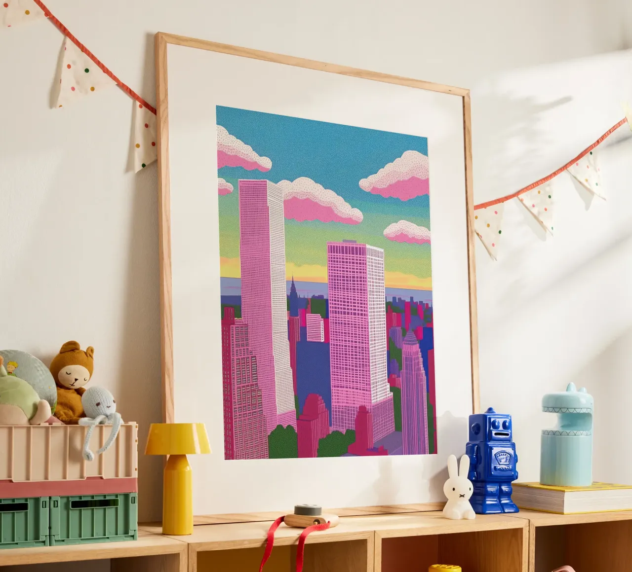 New York come skyline della città: Poster pop art colorato e audace poster con telaio in plastica da Kaji