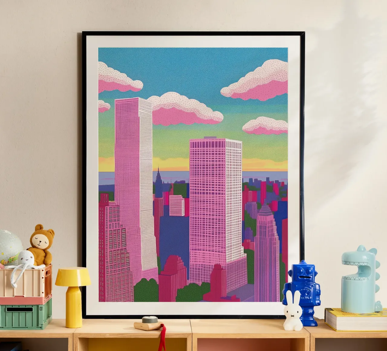 New York come skyline della città: Poster pop art colorato e audace poster con telaio in plastica da Kaji