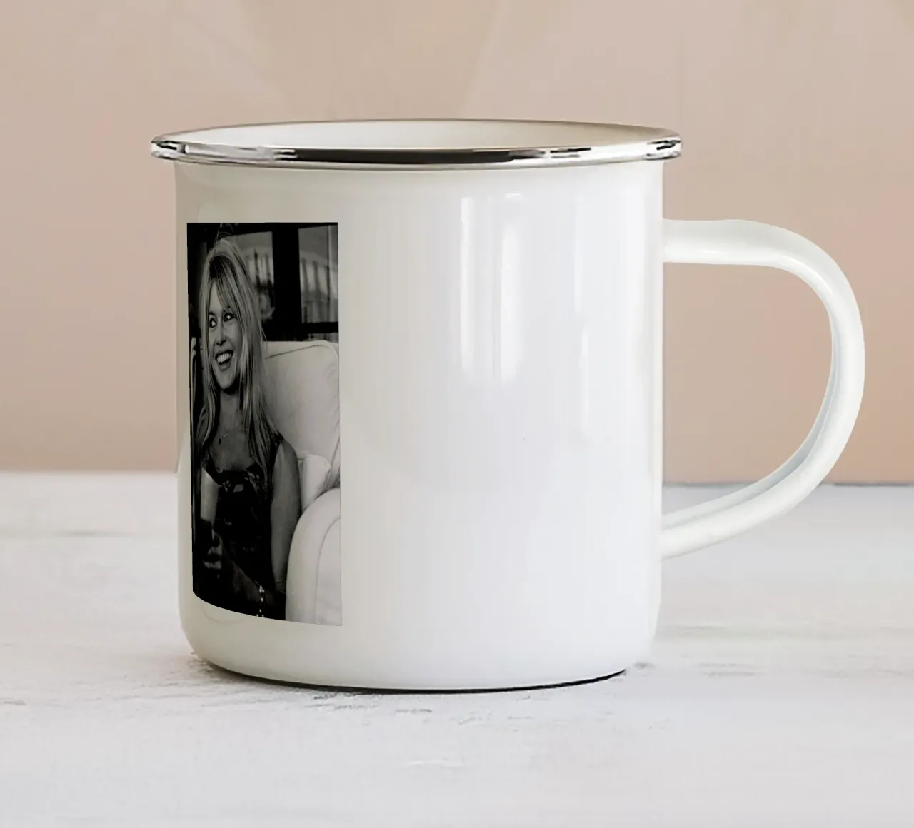 Brigitte Bardot Smiling enamel mug by Gallery Print and Art Limited