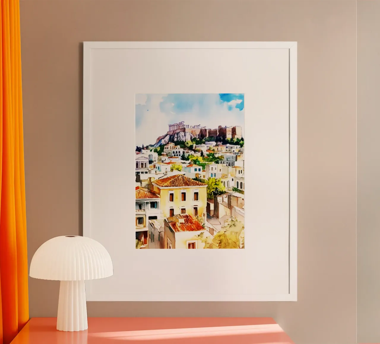 Atene Grecia Acquerello poster con telaio in legno da kaiyaraiya