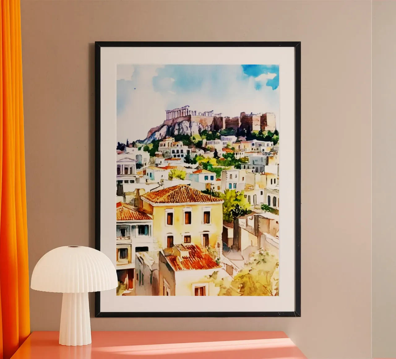 Atene Grecia Acquerello poster con telaio in legno da kaiyaraiya