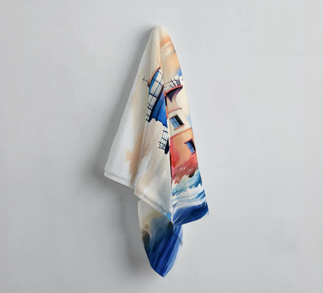 Sea Lighthouse Watercolor Design towel by kaiyaraiya