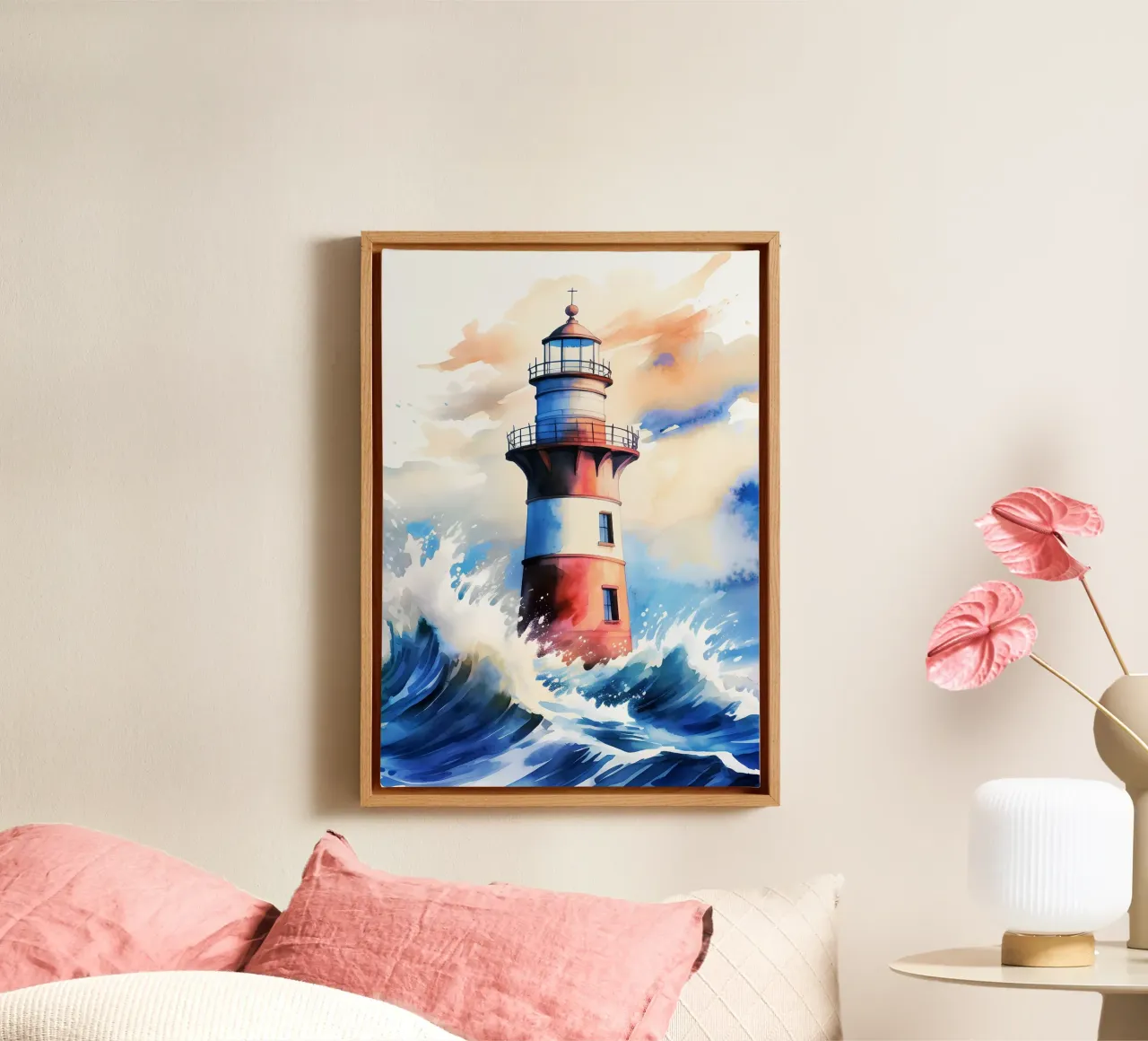 Sea Lighthouse Watercolor Design canvas by kaiyaraiya