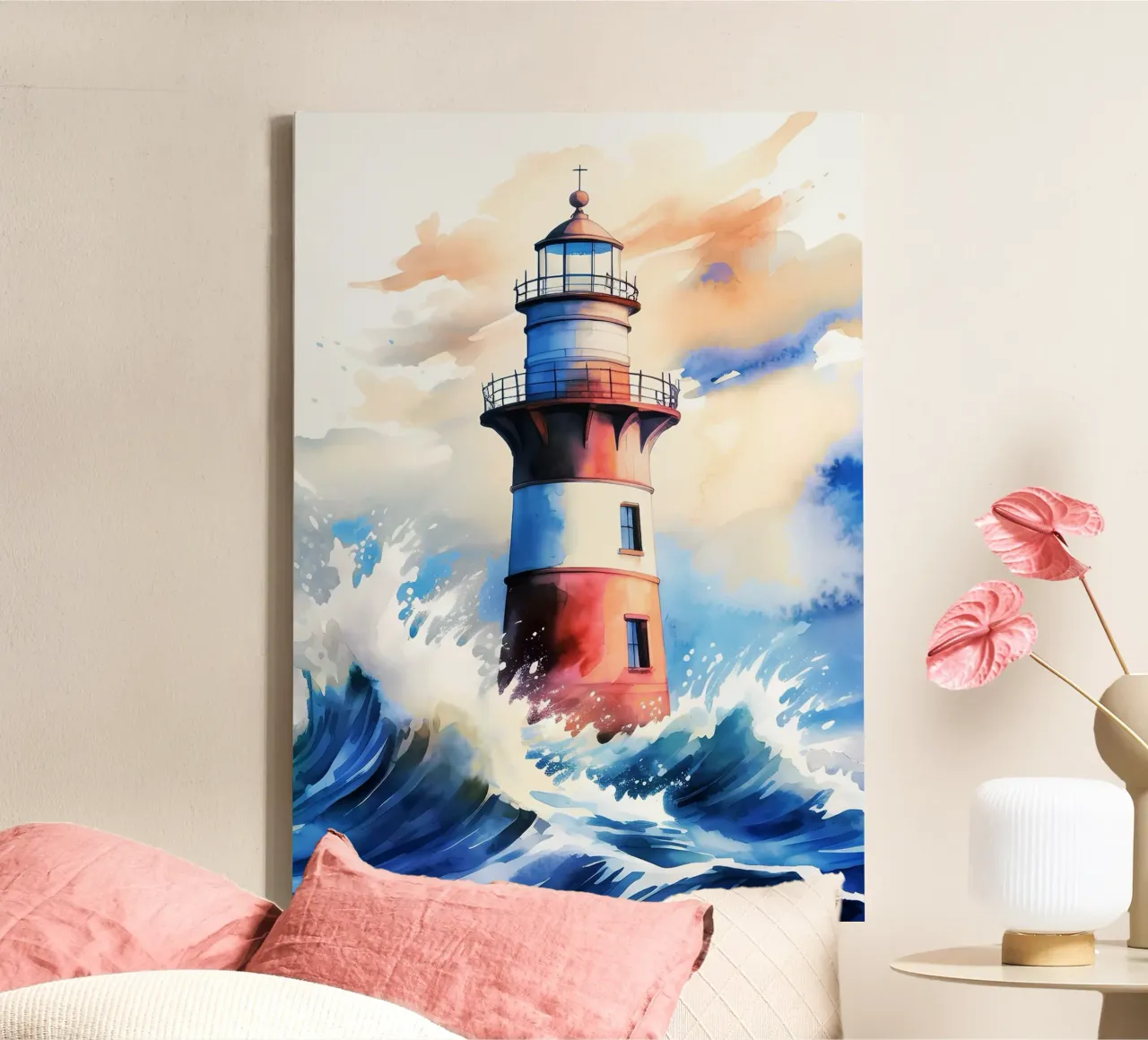 Sea Lighthouse Watercolor Design canvas by kaiyaraiya