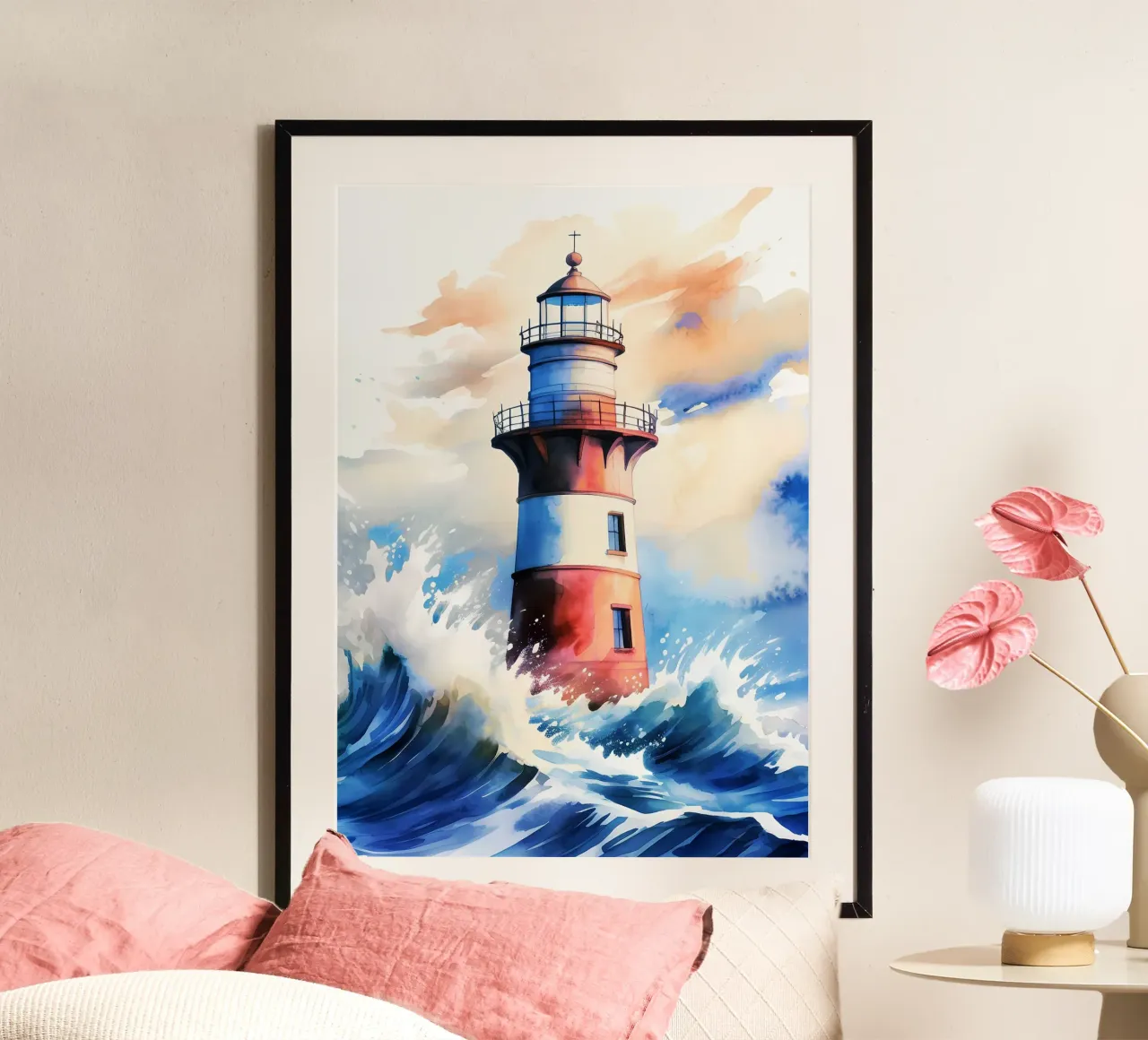 Faro marino disegno ad acquerello poster con telaio in plastica da kaiyaraiya