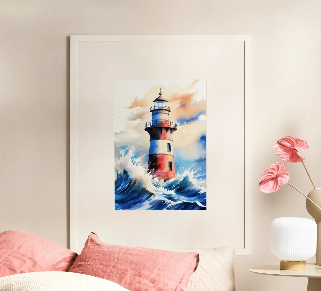 Faro marino disegno ad acquerello poster con telaio in plastica da kaiyaraiya