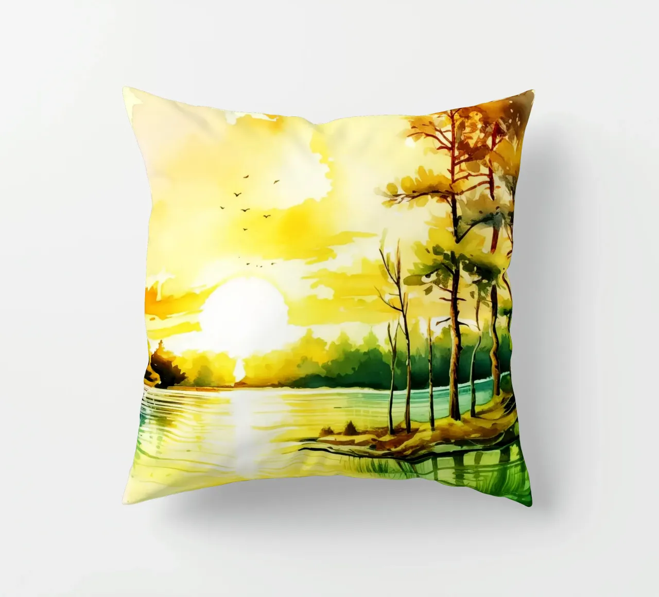 Alba sul fiume Arte dell'acquerello cuscino da kaiyaraiya