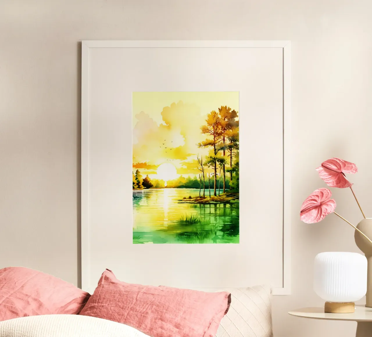 Alba sul fiume Arte dell'acquerello poster con telaio in legno da kaiyaraiya