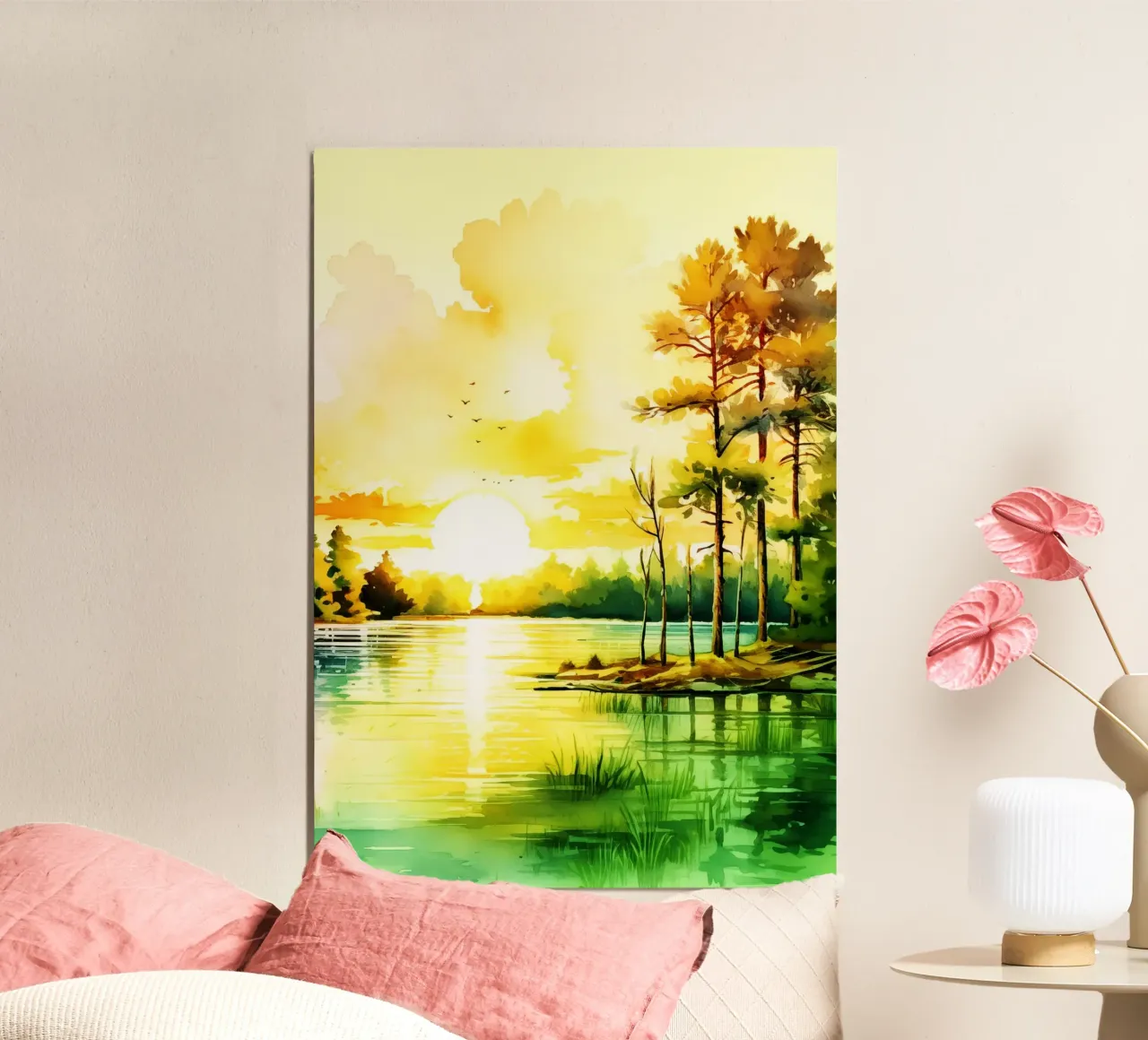 Alba sul fiume Arte dell'acquerello poster con telaio in legno da kaiyaraiya