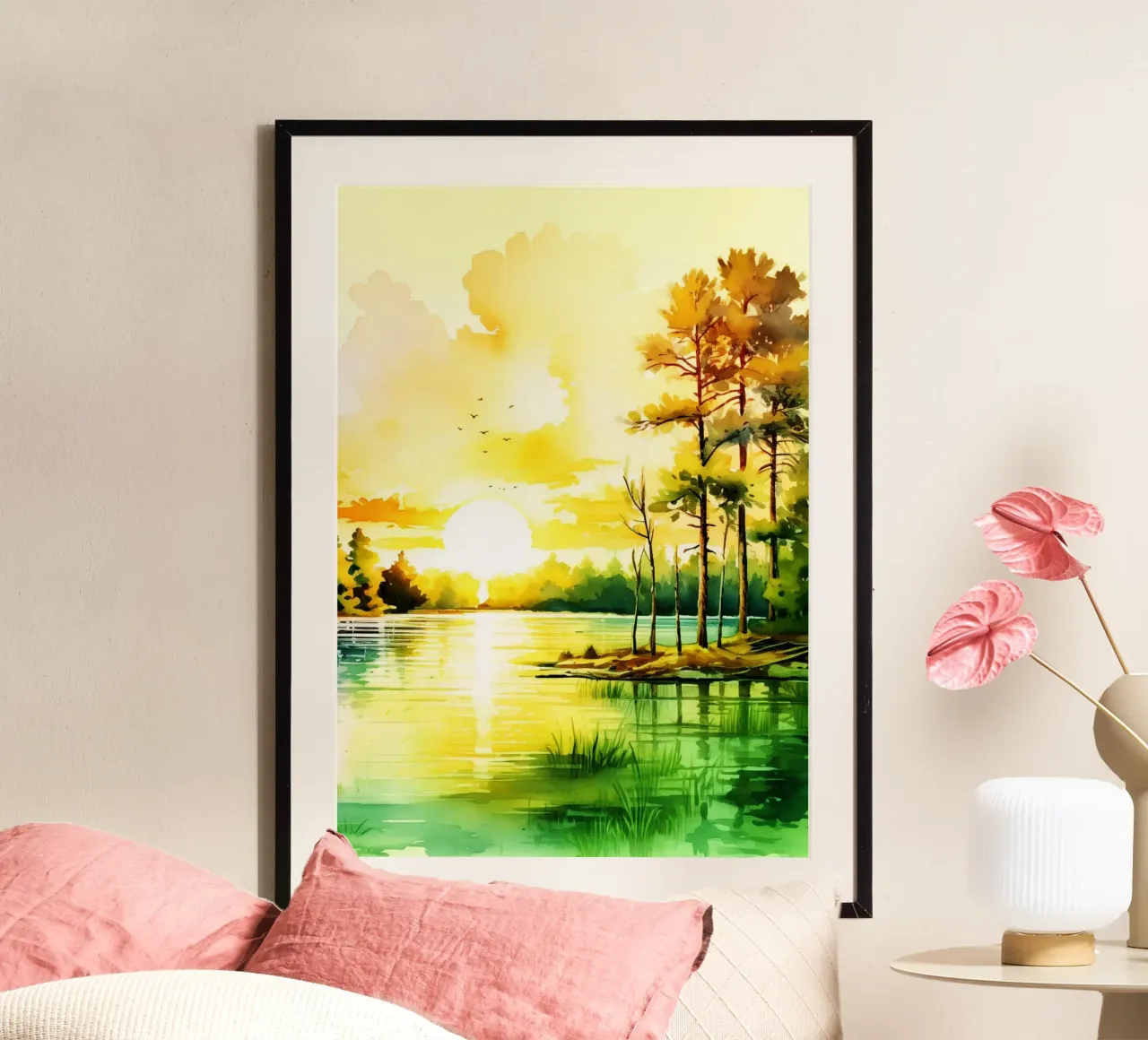 Alba sul fiume Arte dell'acquerello poster con telaio in legno da kaiyaraiya