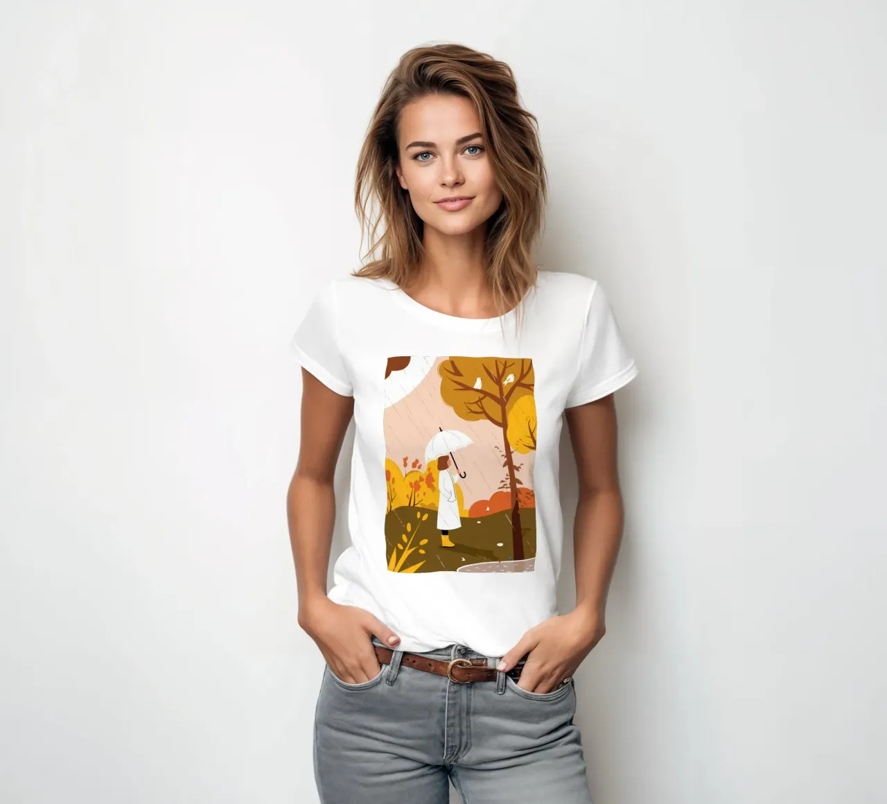 Autumn Rain Walk women's fitted t-shirt by Emery Kate