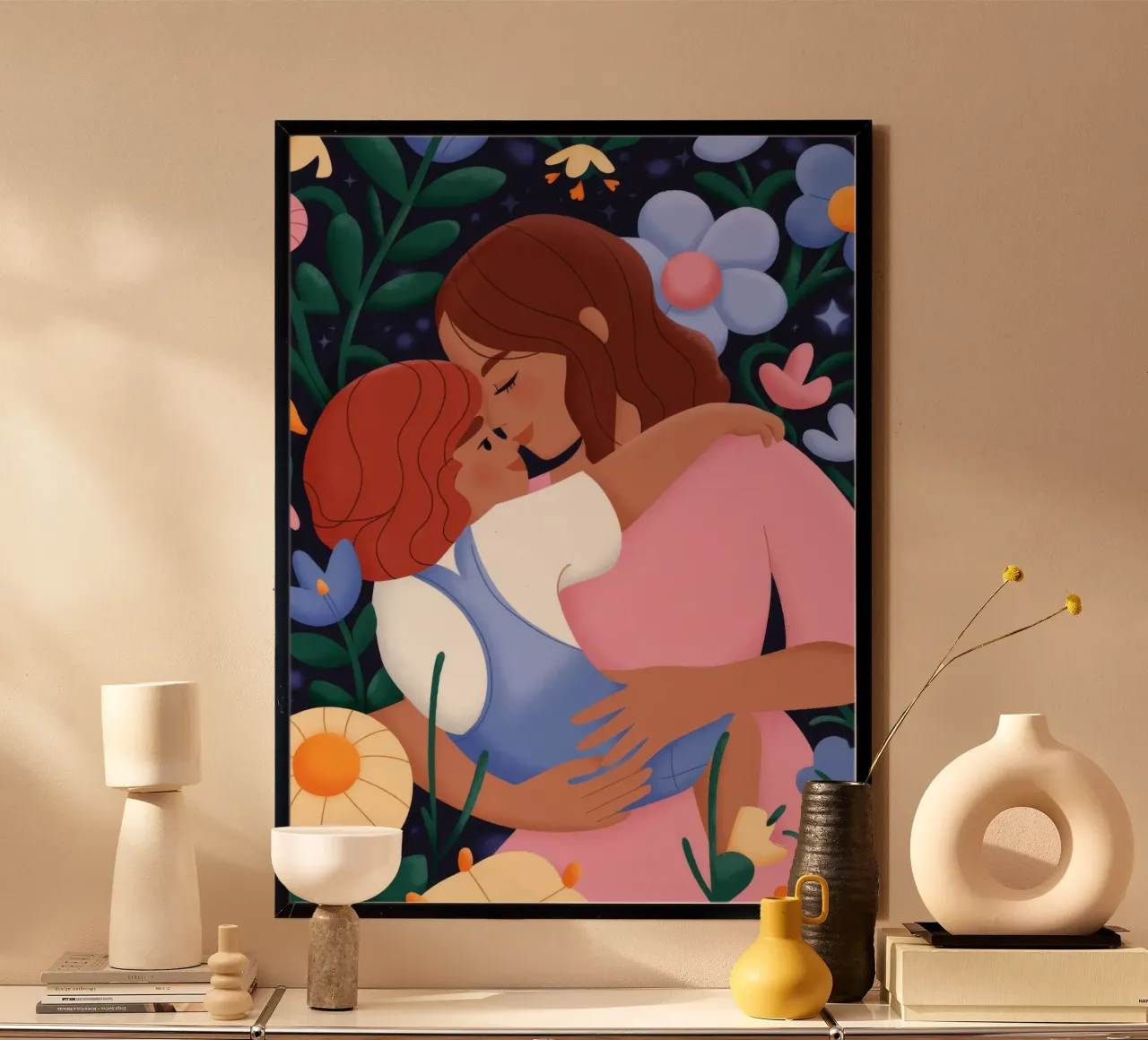 Abbraccio floreale dell'amore poster con telaio in alluminio da Emery Kate