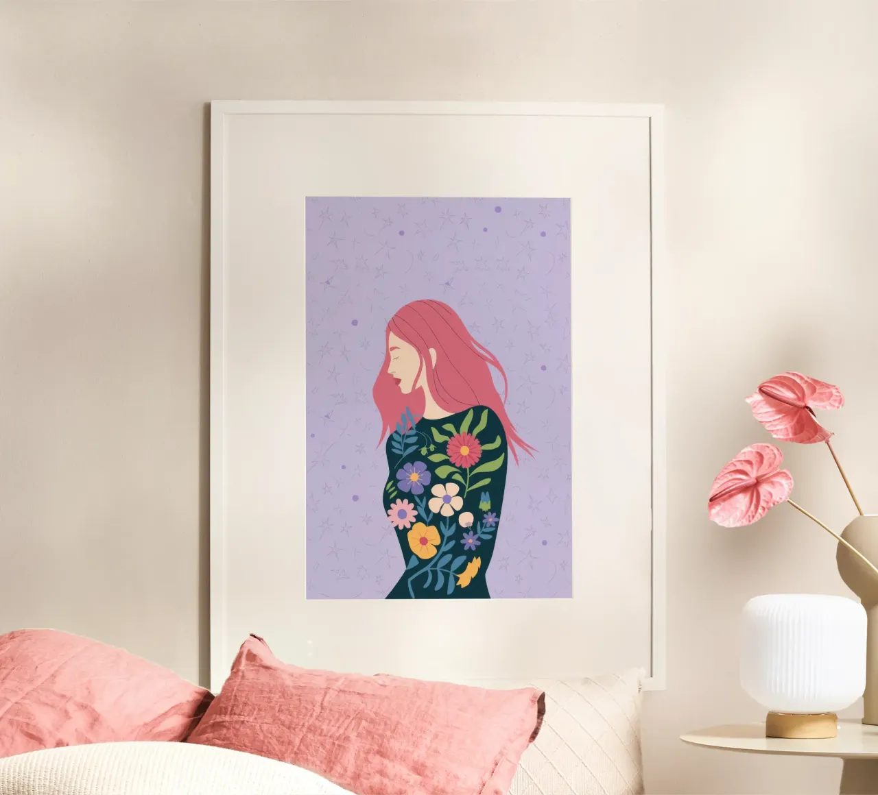 Passeggiata floreale in rosa poster con telaio in legno da Emery Kate