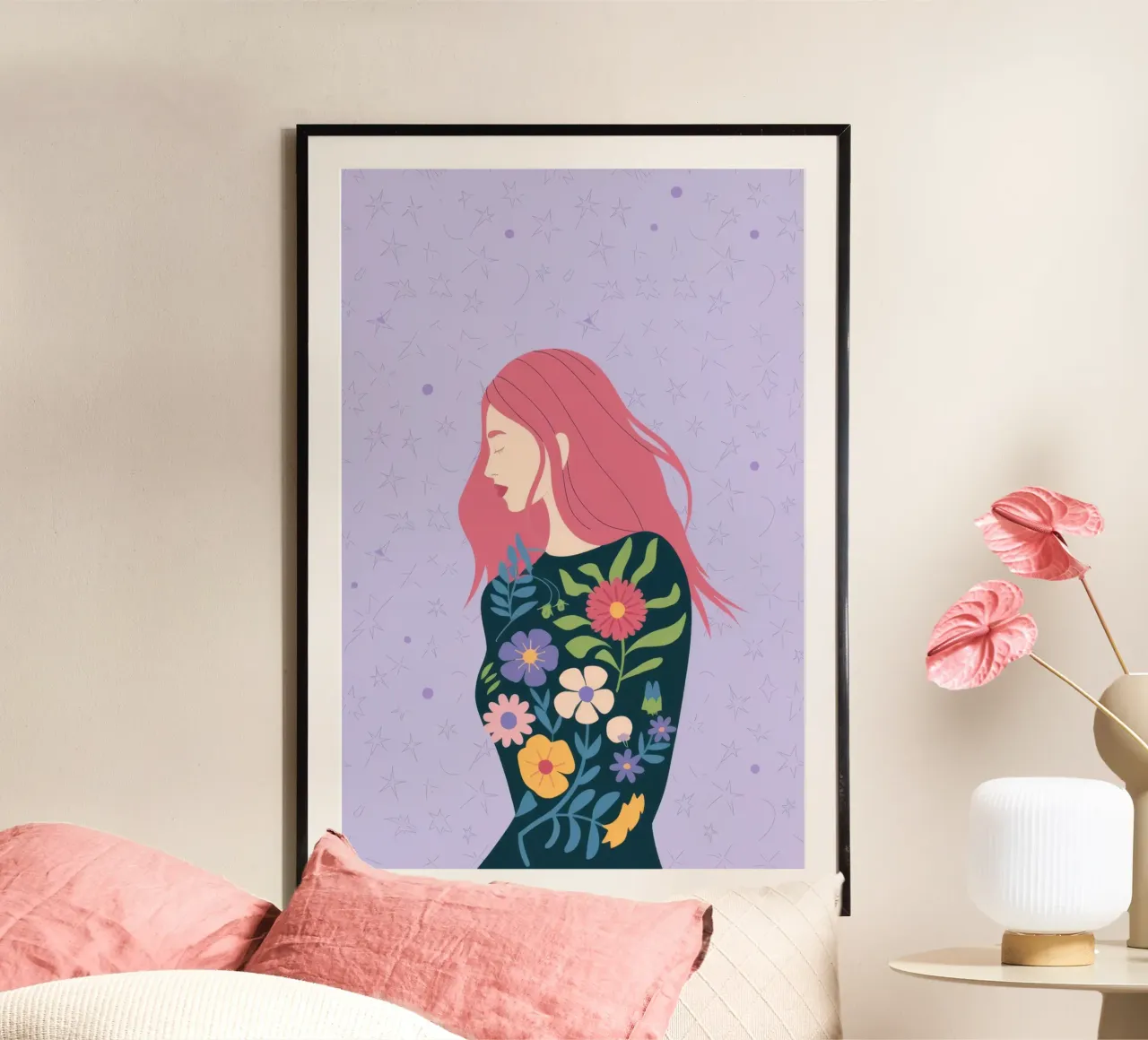Passeggiata floreale in rosa poster con telaio in legno da Emery Kate