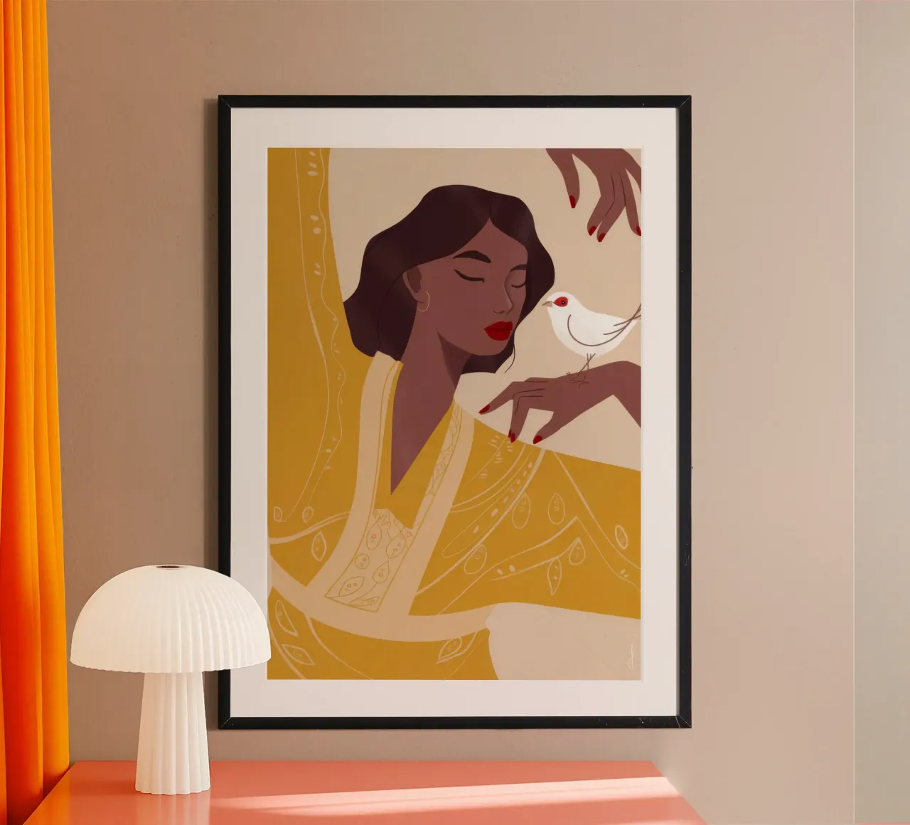 Abbraccio delicato di uccelli poster con telaio in legno da Emery Kate