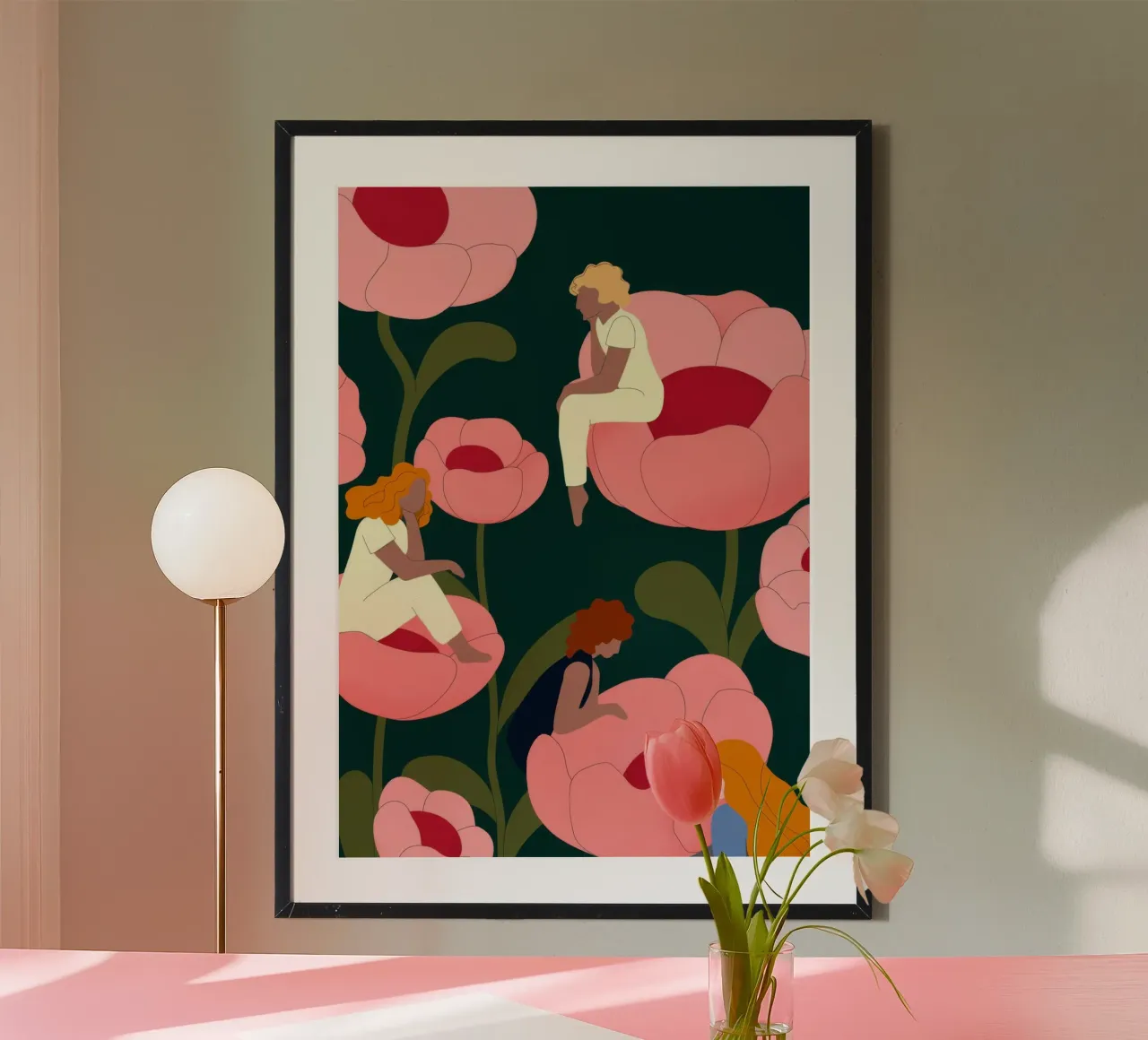 Scena di giardino con papaveri poster con telaio in alluminio da Emery Kate