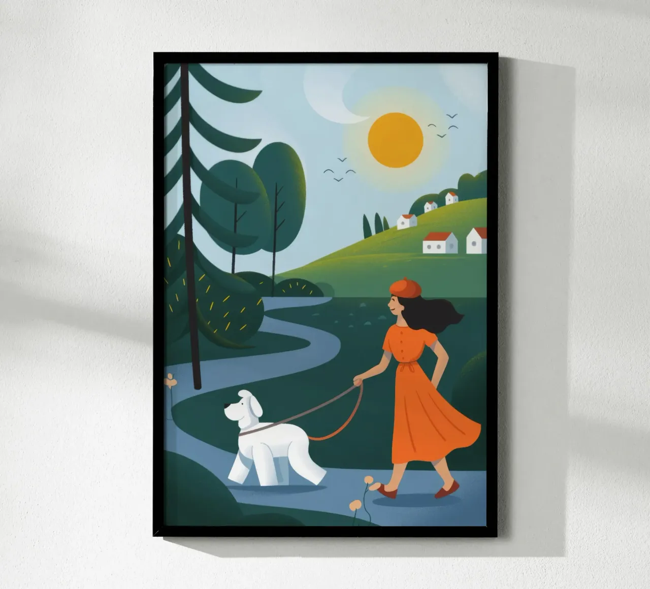 Passeggiata per cani sul lungofiume poster con telaio in plastica da Emery Kate