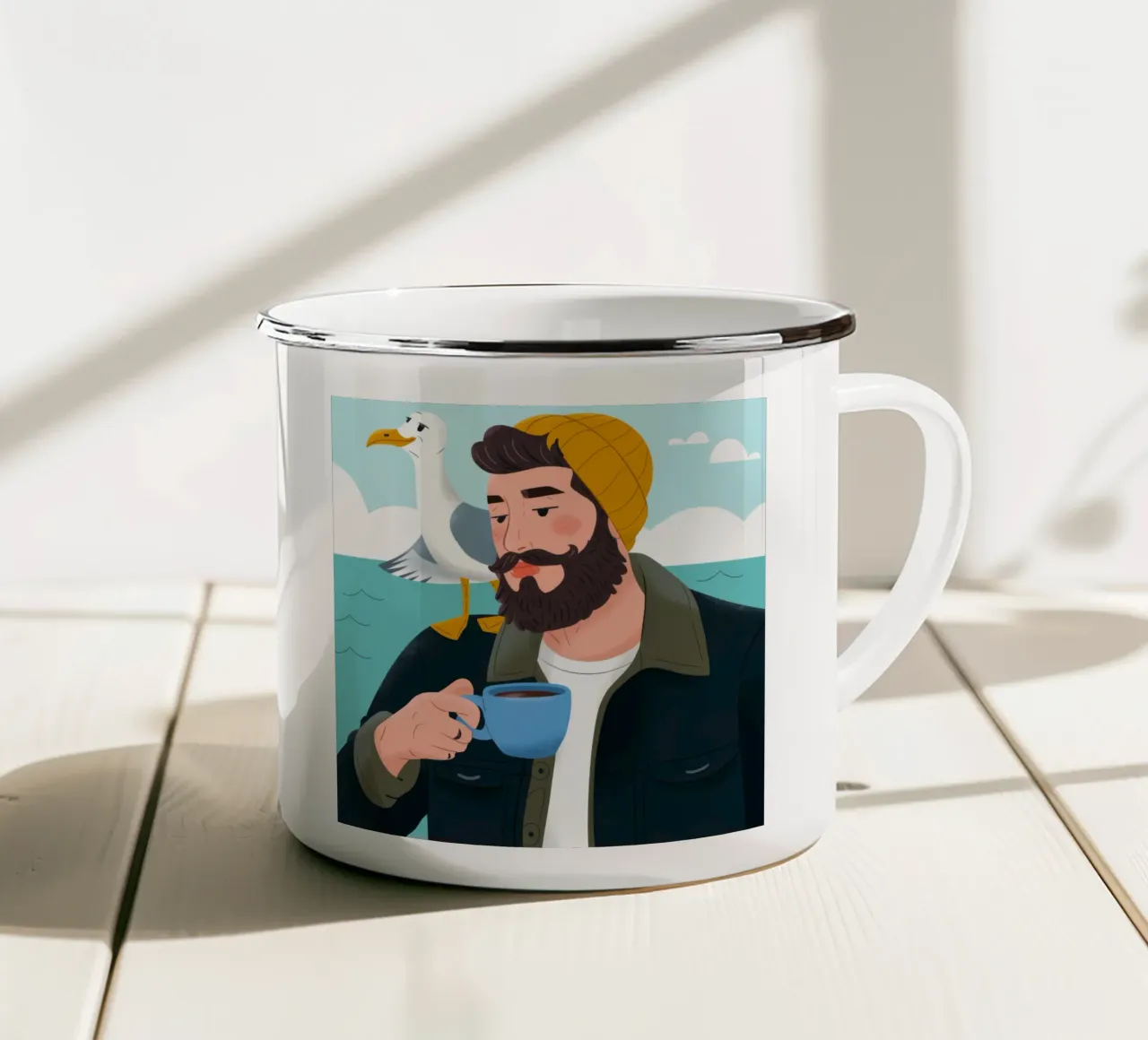 Seaside Coffee Break enamel mug by Emery Kate