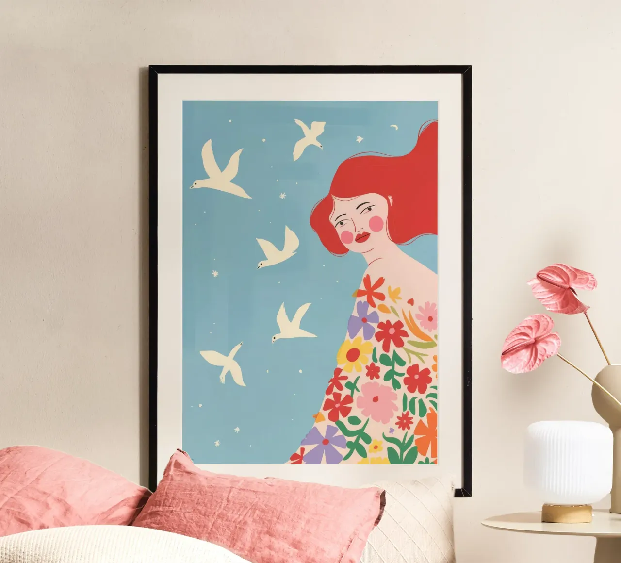 Cielo della libertà floreale poster con telaio in legno da Emery Kate