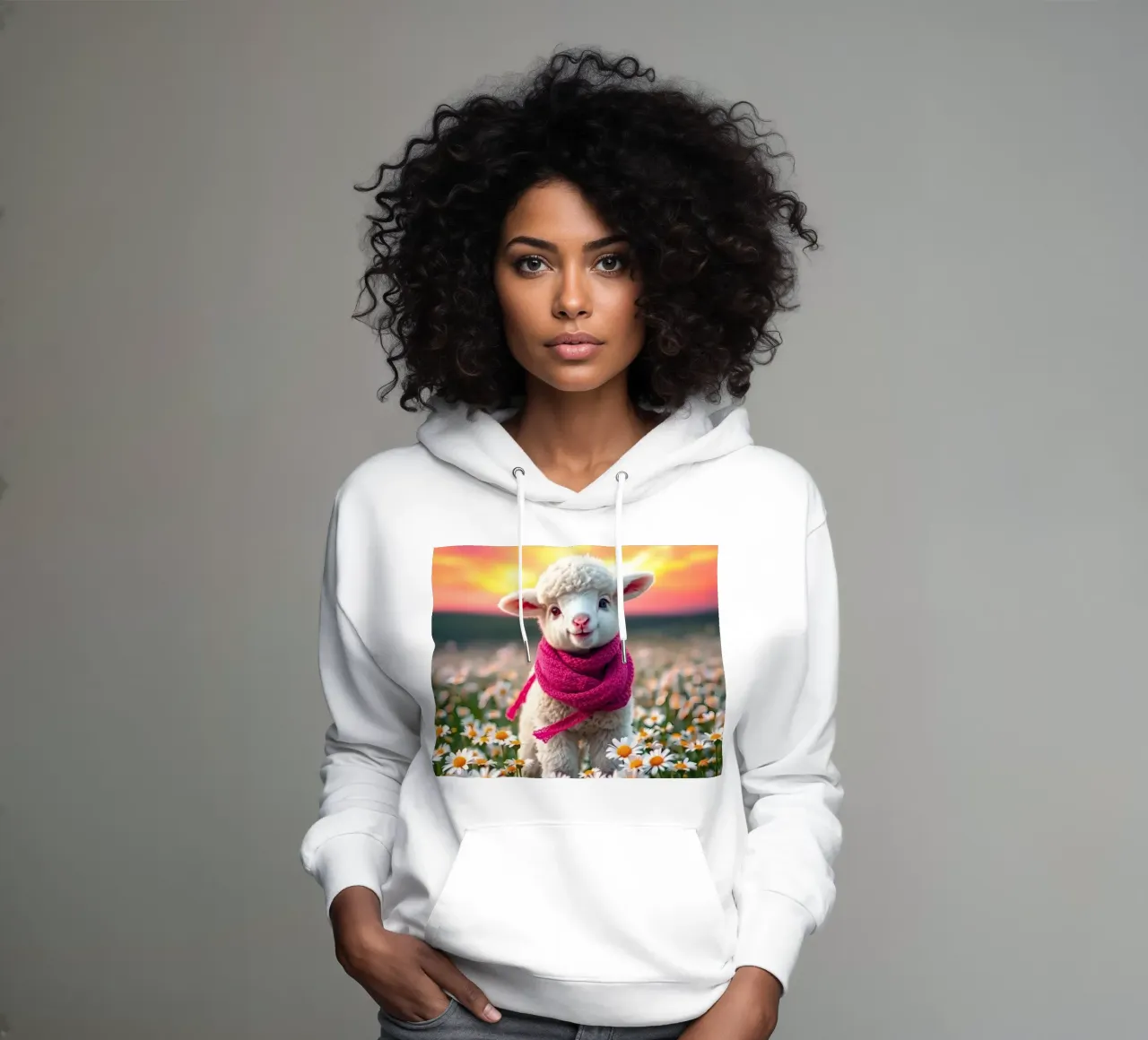 Agnello felice con sciarpa rosa in piedi tra le margherite felpa con cappuccio da DesignDoodle
