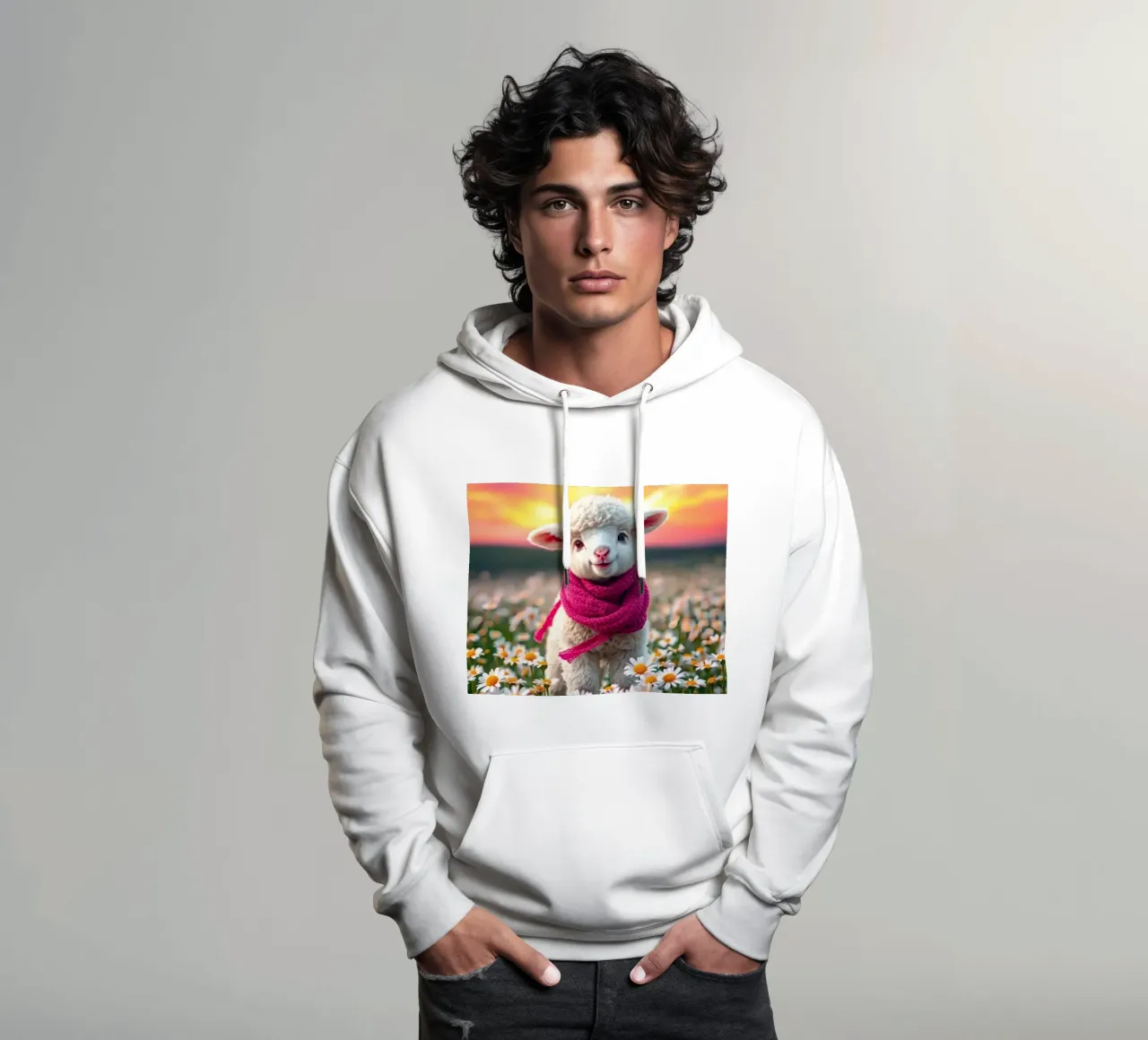 Agnello felice con sciarpa rosa in piedi tra le margherite felpa con cappuccio da DesignDoodle