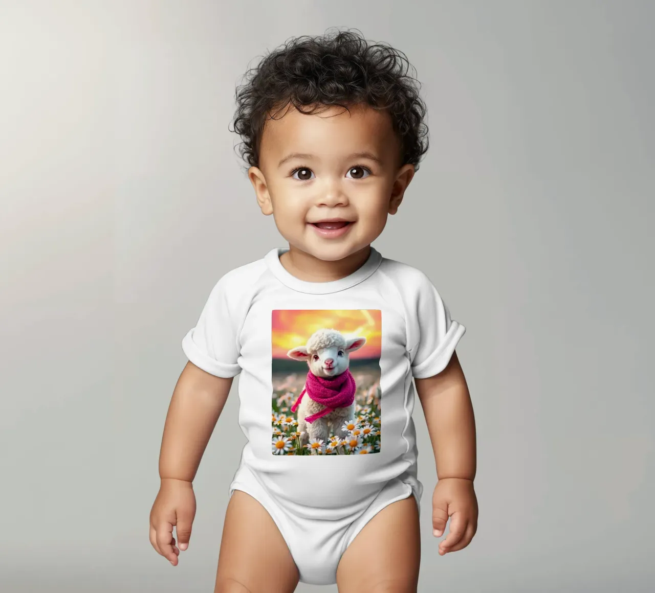 Agnello felice con sciarpa rosa in piedi tra le margherite body neonato maniche corte da DesignDoodle