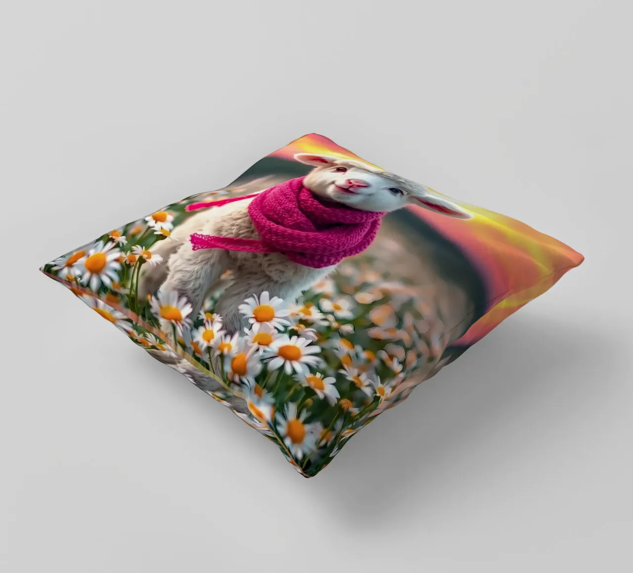 Agnello felice con sciarpa rosa in piedi tra le margherite cuscino da DesignDoodle