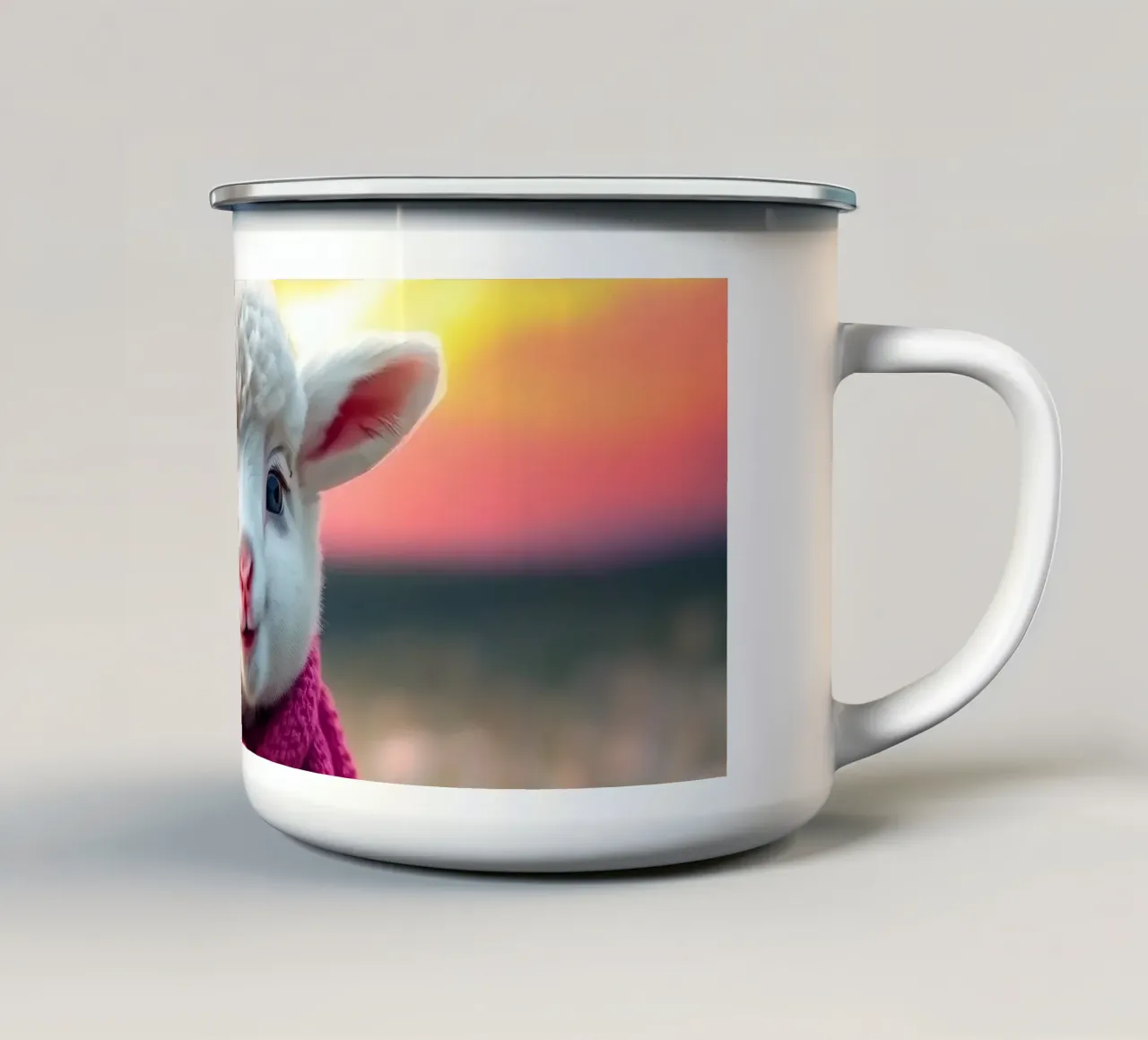 Agnello felice con sciarpa rosa in piedi tra le margherite tazza in smalto da DesignDoodle
