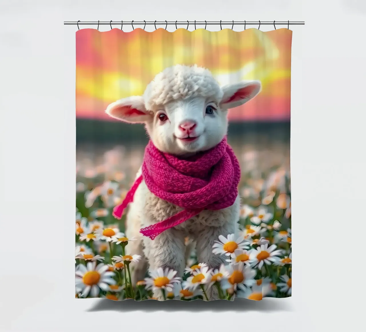 Agnello felice con sciarpa rosa in piedi tra le margherite tenda da doccia da DesignDoodle