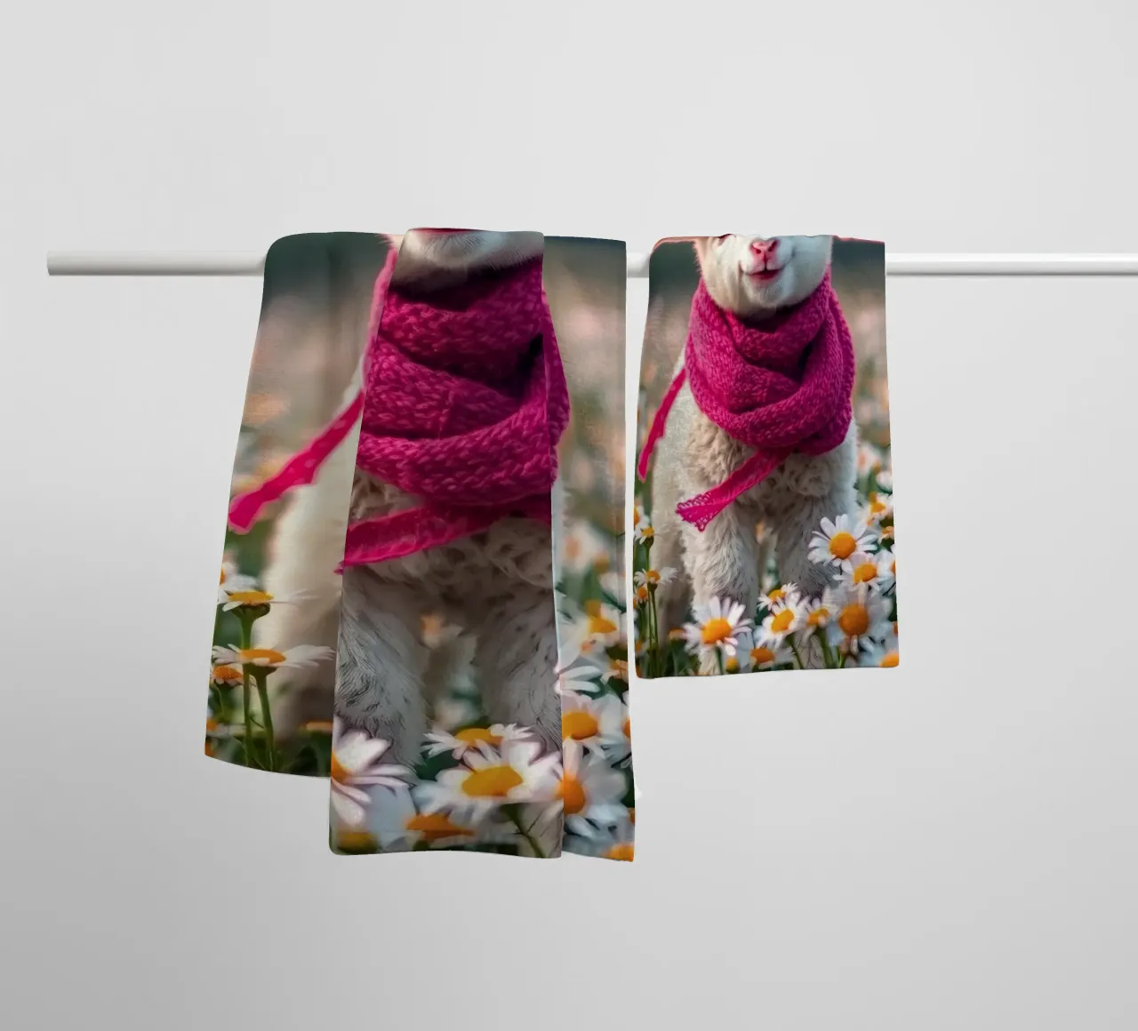 Agnello felice con sciarpa rosa in piedi tra le margherite asciugamano da bagno da DesignDoodle