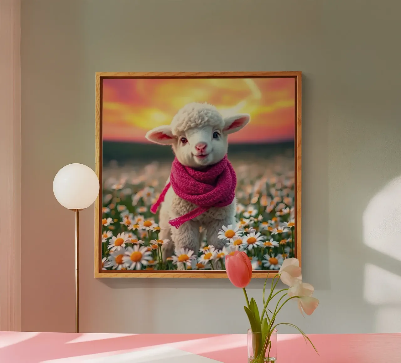 Agnello felice con sciarpa rosa in piedi tra le margherite plexiglass da DesignDoodle