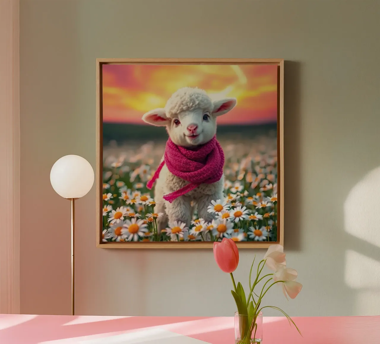 Glückliches Lamm mit rosa Schal steht zwischen Gänseblümchen Leinwand von DesignDoodle