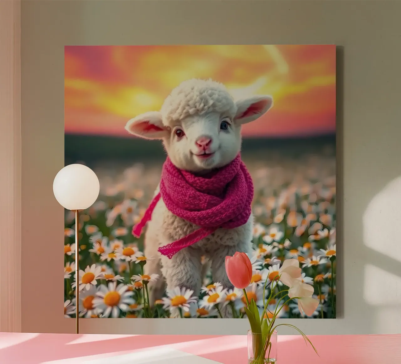 Glückliches Lamm mit rosa Schal steht zwischen Gänseblümchen Leinwand von DesignDoodle