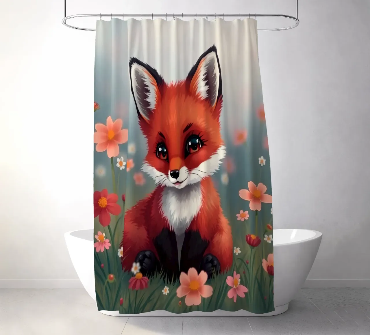 Charmanter Rotfuchs inmitten bunter Wildblumen Duschvorhang von DesignDoodle