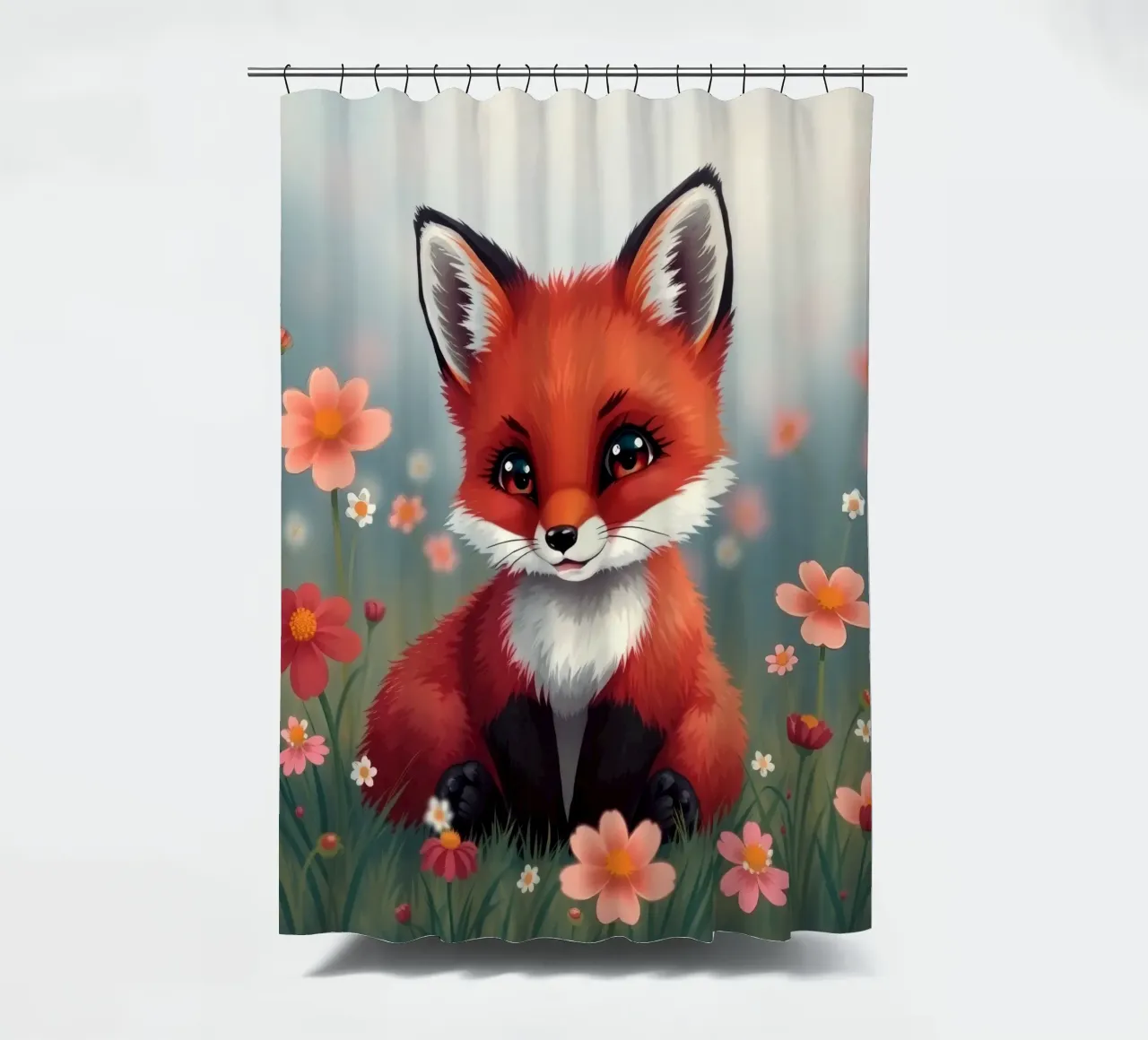 Charmanter Rotfuchs inmitten bunter Wildblumen Duschvorhang von DesignDoodle